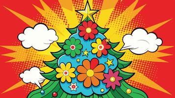 Colorful and vibrant Christmas tree adorned with ornaments and decorations, set against a bright red background with dynamic starburst patterns vector