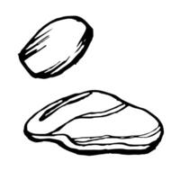 Stones sketch. monochrome illustrations of Natural stone in outline style. Hand drawings in black and white graphics. Outline doodle rock structure. Pebble and boulders painted by black inks vector