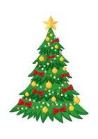 Cartoon Christmas tree decorated with balls, bows and garland, with a star on top. Isolated on white background. vector