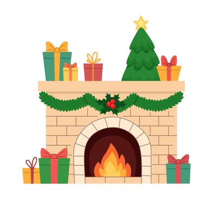 Burning brick fireplace with Christmas decorations, holly, gifts and fir tree. Isolated on white background.