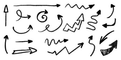 Collection of hand drawn pencil arrows. Abstract arrows of different shapes and sizes. Textured grunge pencil arrows. Graphic design elements. vector