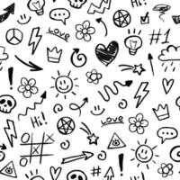 Seamless pattern of hand-drawn doodle elements and arrows. Abstract scribbles, squiggles and shapes drawn with pencil and chalk. vector