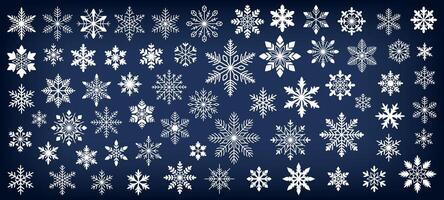 Big set of various snowflakes. Snowflakes of different shapes and sizes for Christmas and winter decorations. Beautiful dark blue background. vector
