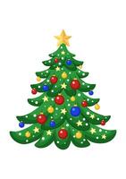 Cartoon Christmas tree decorated with balls, stars and snow, with a star on top. Isolated on white background. vector