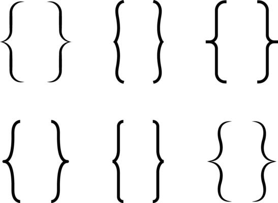 Curly braces icons set, double symmetric brackets. Typography symbols pair, frames for punctuation, maths, elements sign for text quote, mathematics.
