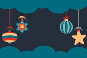 Christmas ornaments on the cloud sky background banner with empty copy space. Festive design for card, invitation, label, sale. Hand drawn illustration. vector