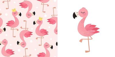 Set of seamless pattern and print with flamingo bird. Childish pattern for childish prints, clothing, packaging, wrapping paper and postcards. Cute birds in flat style for kids. vector
