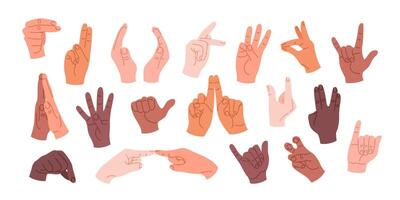 Set of human hands with different gestures and positions. Hands with different skin tones showing rock sign, high five, greeting and other signs. Isolated illustrations on a white background. vector