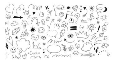 Set of doodle elements with arrows, speech bubbles, decorative objects and icons. Hand drawn ink pen elements for notes. Sketch symbols isolated on a white background. Line art. vector