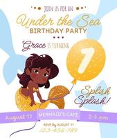 Mermaid birthday party invitation card. Vertical template with a mermaid princess and balloon with number 1 for a kids' party. Happy birthday and underwater concept. Celebrating a first anniversary. vector