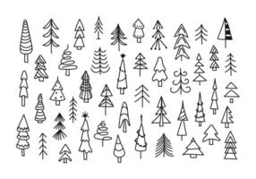 Set of doodle elements with fir trees, spruce, pine. Decorative objects with tinsel, garlands, stars. Hand drawn ink pen clip arts. Simple sketch symbols isolated on a white background. Line art. vector