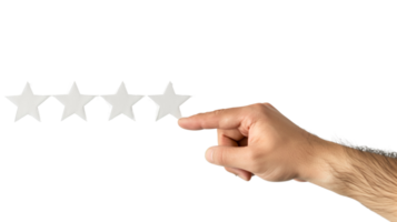 A satisfied customer pointing at a five-star rating on a feedback form. png