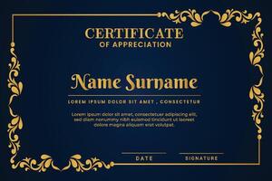 Certificate template with gold border and ornate frame vector