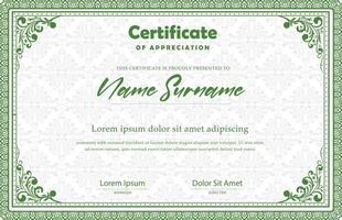 Certificate template with green border and ornamental pattern vector