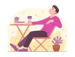 Man Sitting on a Chair and Relaxing with Drinking Coffee in Garden vector