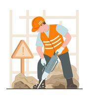 Builder Worker Man Using a Jackhammer to Break Up Concrete Pavement on Construction Site vector