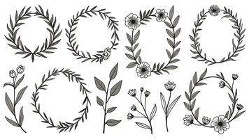 Set of different flowers, branches, and frames in flat editable stroke style, perfect for luxury wedding invitation designs. vector