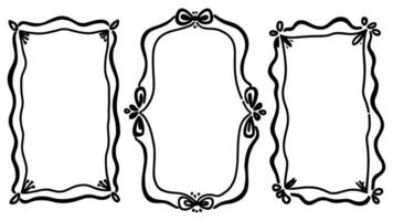 Hand-drawn collection of whimsical frames featuring ribbons and wavy borders, perfect for birthday cards and event stationery. vector
