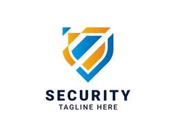 Abstract colorful security shield logo design template illustration for digital business with gradient orange and blue colors. vector