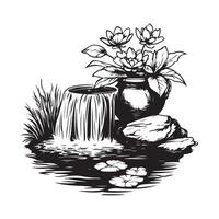 Black and white Decorative pond in the garden with flowers, water lilies and a waterfall from an old jug stock image on white background vector
