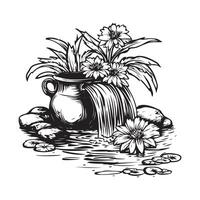 Decorative pond in the garden with flowers, water lilies and a waterfall from an old jug stock image on white background vector
