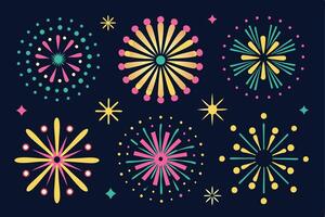Abstract burst pattern fireworks set flat colorful star shaped firework geometric pattern collection vector