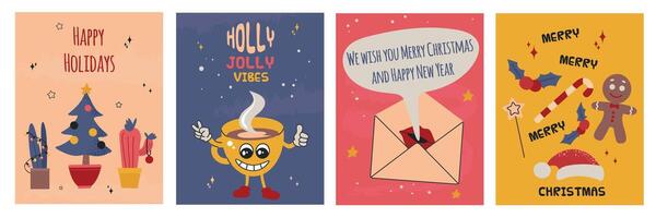 Merry Christmas and Happy New Year greeting cards collection set in retro style vector