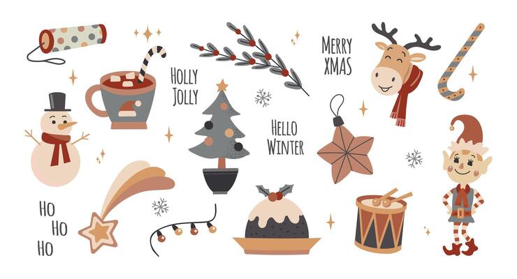 Set collection of Winter Christmas isolated elements. Christmas tree, snowman, elf, decoration, pudding, star, deer.