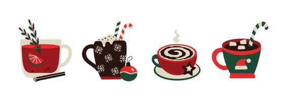 Set collection of isolated christmas new year cups with coffee, tea, mulled wine vector