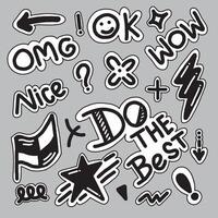 Set of doodle and bubble . Collection of speech bubble with text, symbol in doodle sticker style. vector
