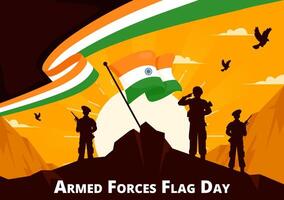 Armed Forces Flag Day Design featuring Indian Soldiers and National Flags in Flat Style Background vector