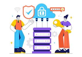 Cloud Data Security Illustration with Network Protection and Backup Solutions vector