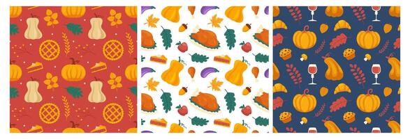 Cheerful Thanksgiving Day Seamless Pattern with Traditional Icons in Flat Style vector