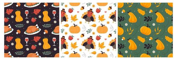 Flat Style Thanksgiving Seamless Pattern with Turkey, Corn, and Leaves vector