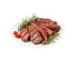 Grilled steak garnished with rosemary and accompanied by tomatoes, presented on a white plate. png