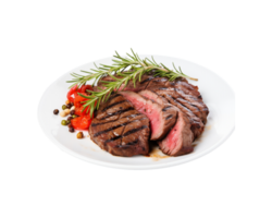 Steak with rosemary and tomatoes on a white plate png