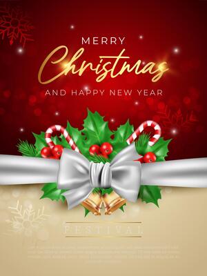 Christmas flyer red background white ribbon and golden editable text decoration web banner