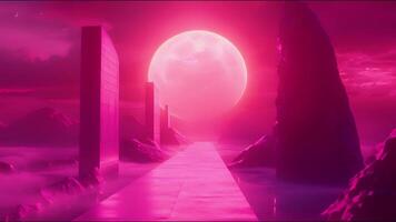 A stunning landscape with a large moon rising against a pink sky, casting a surreal glow over big rocks, creating a dreamy scene perfect for fantasy and nature-themed photography. video
