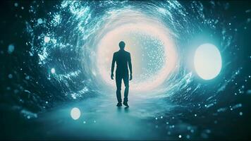 Mysterious man walking through a neon-lit blue tunnel, representing exploration, cyberpunk themes, and the intersection of technology and solitude in an imagined futuristic cityscape. video