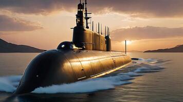 modern U-Boot Segeln beim Sonnenuntergang über Ruhe Ozean Gewässer, präsentieren Marine- Leistung und maritim Technologie im ein szenisch Küsten Rahmen mit ein friedlich Dämmerung Horizont video