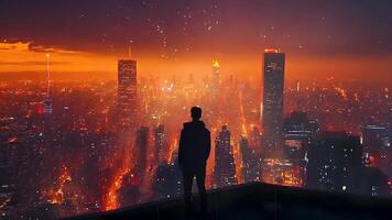 Silhouette of Person Overlooking Futuristic Cityscape at Dusk, Capturing Moody Urban Skyline with Glowing Lights and Atmospheric Orange Horizon in a Modern Metropolis video