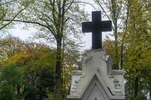 Black cross atop a white monument in a cemetery surrounded by autumn trees photo