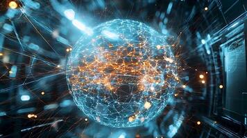 Visualized digital network sphere showcasing global connectivity and data flow, emphasizing technological advancement and cyber communication. video