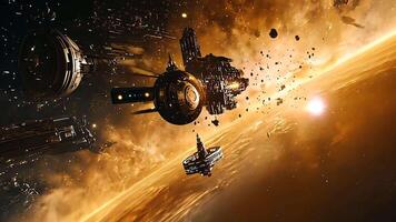 Advanced Interstellar Ships and Space Stations in a Futuristic Cosmic Landscape, With Golden Light and Asteroids Evoking Space Exploration Themes video