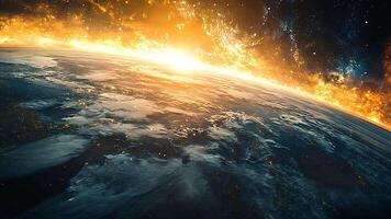 A stunning image of Earth at dawn, illuminated by sunlight against a stunning cosmic backdrop, shows the beauty and mystery of our universe video