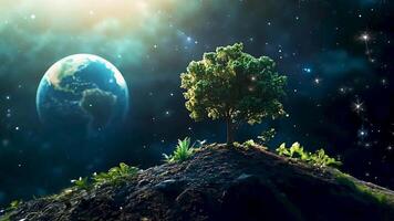 Extraterrestrial View Featuring Growing Trees and Two Earths Visible in the Distance. A Surreal Scene Capturing the Beauty of Space and the Possibility of Life on Alien Planets video