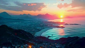 magnifique côtier paysage urbain à le coucher du soleil avec vibrant ciel et reflets plus de océan, paisible panorama de montagnes et mer, capturer une serein et idyllique vue de soir tranquillité video