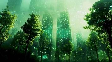 une luxuriant vert ville avec haute technologie grattes ciels couvert dans des arbres vitrines biophilique conception et durable innovation pour un écologiquement amical futur Urbain paysage. video
