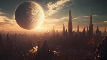 futuriste extraterrestre paysage urbain avec ombragé flèches en dessous de une cosmique coucher de soleil, mettant en valeur une fascinant mélange de science-fiction et fantaisie dans un inexploré monde. video
