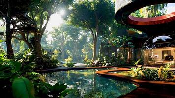 Modern home of the future nestled in nature, showcasing sustainable architecture and green technology, creating a peaceful and eco-friendly environment ideal for futuristic lifestyle concepts. video